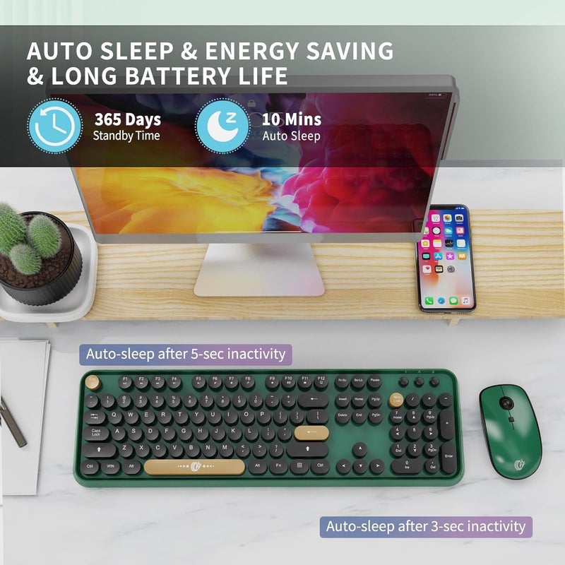 FD Wireless Keyboard and Mouse | Cute Colorful Keyboard and Mouse with 2.4GHz Cordless Retro Typewriter Keyboard | Auto-Sleep | USB Receiver for Windows PC/Laptop - Green Colorful - Image 5